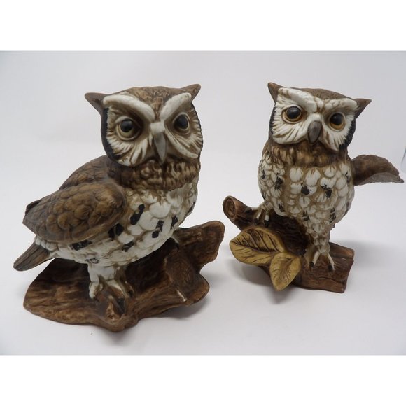 Vintage Pair HOMCO Owls Brown with White Breasts Sitting on Branches Marked 1114 - Picture 1 of 10